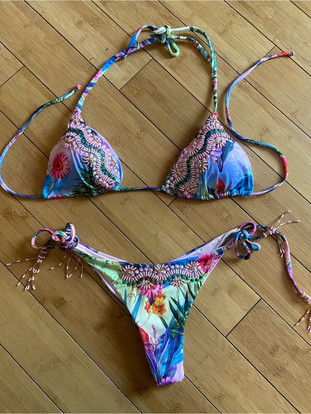 Floral Beaded String Bikini - Multicolor